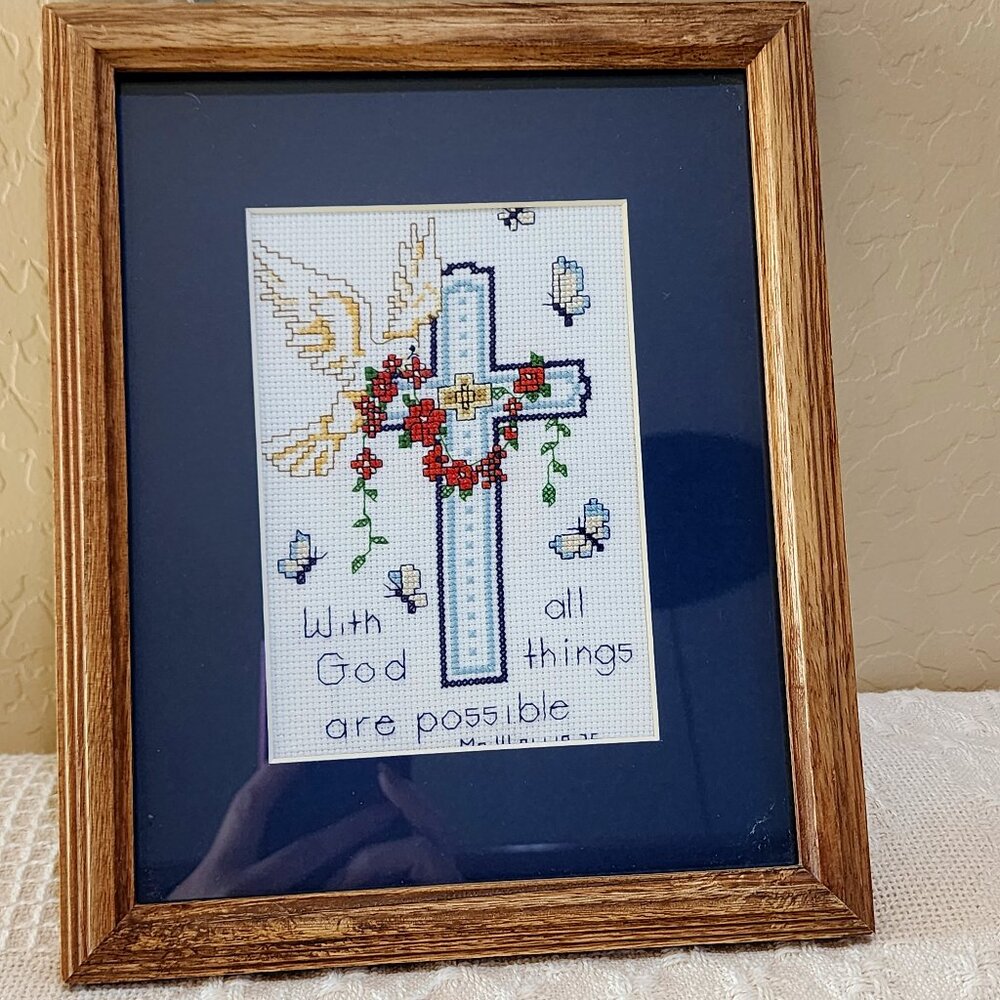 Dove Cross WITH GOD ALL THINGS ARE POSSIBLE Handmade Picture Cross-Stitch Framed